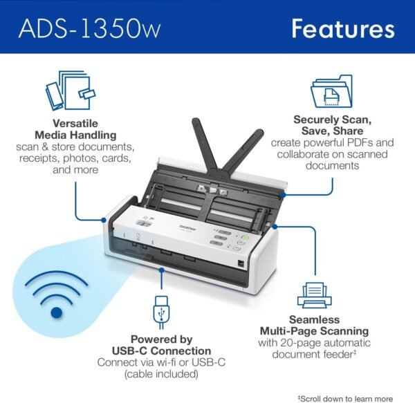 71FDgxMdZbL._AC_SL1500_ Brother ADS-1350W Compact Scanner Review Fast Wireless Scanning with Double-Sided Capabilities